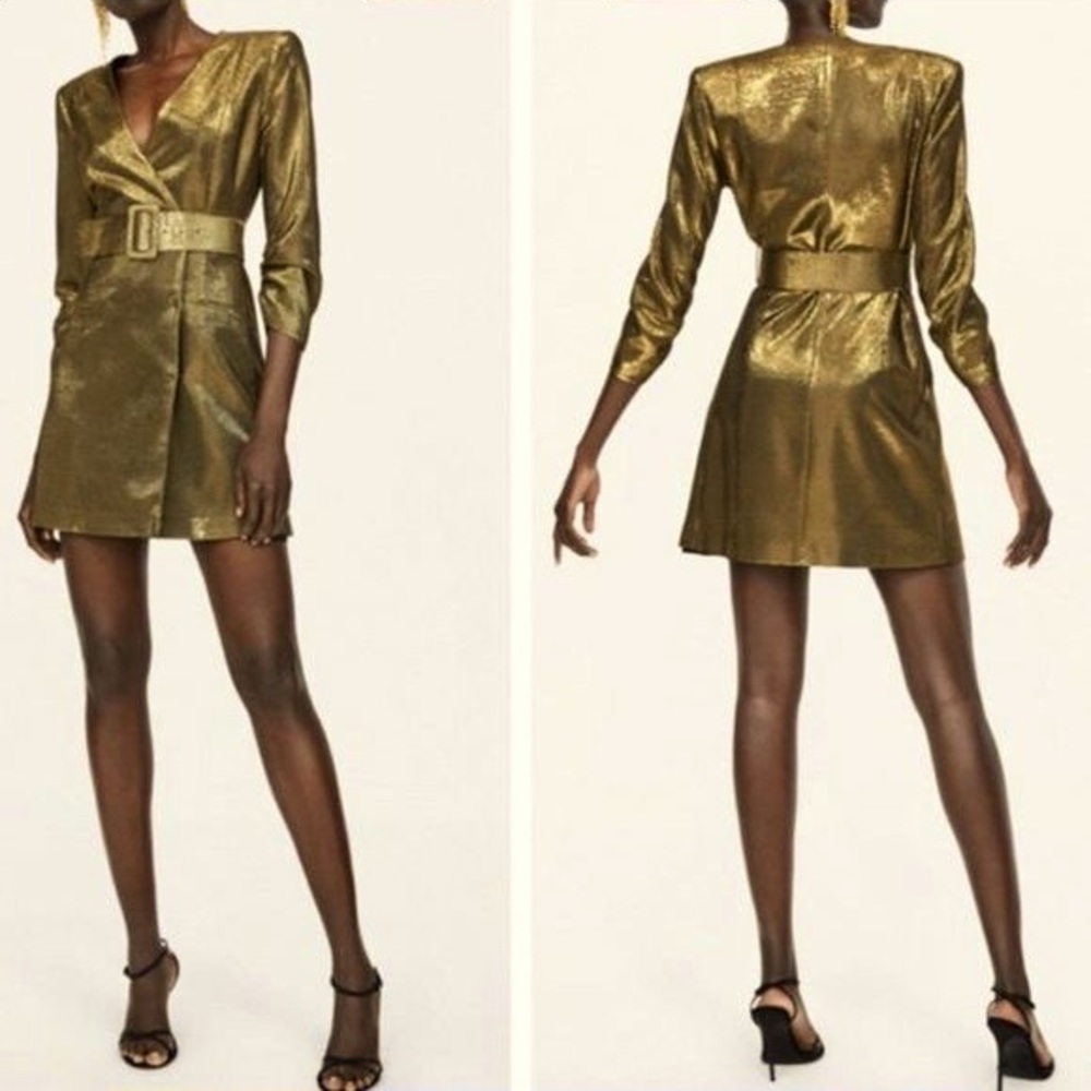 Zara Metallic Gold Belted Mini Dress